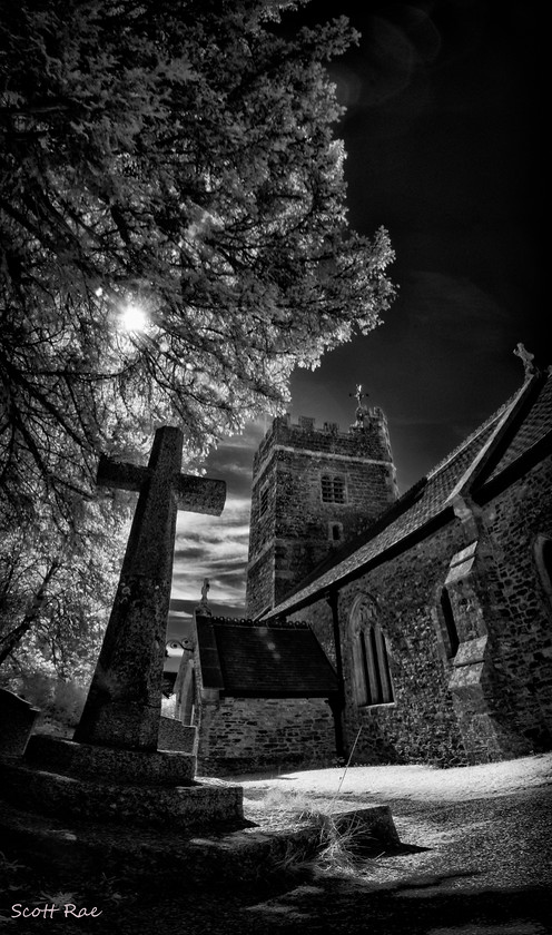 Harpford-Church-Vertorama 
 Keywords: devon sw england trees church infrared b&w panorama